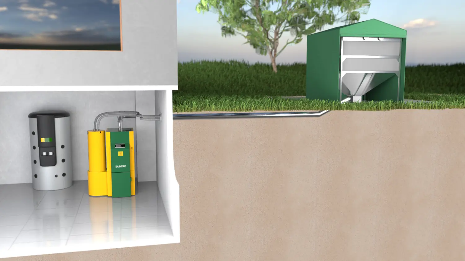 Aussenlager EF2 GS Pellet Box mit Geo-Cover mit EmpaCompact ©KWB von Martin Buchner Haustechnik
