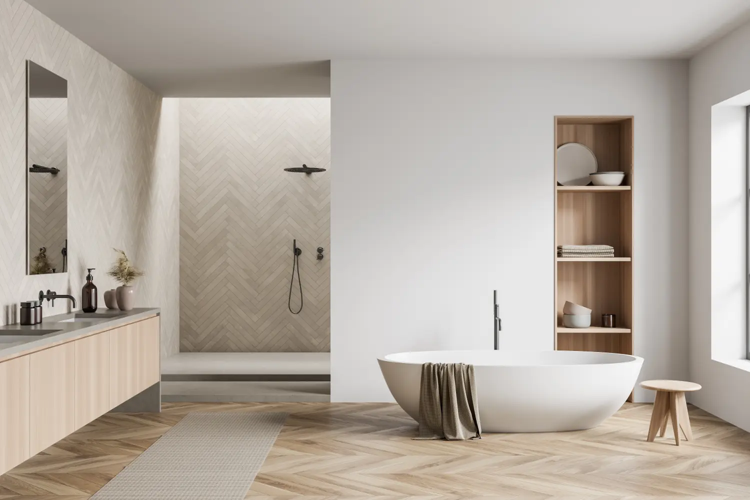Helles Badezimmer mit Dusche und Badewanne, Regal mit Dekoration