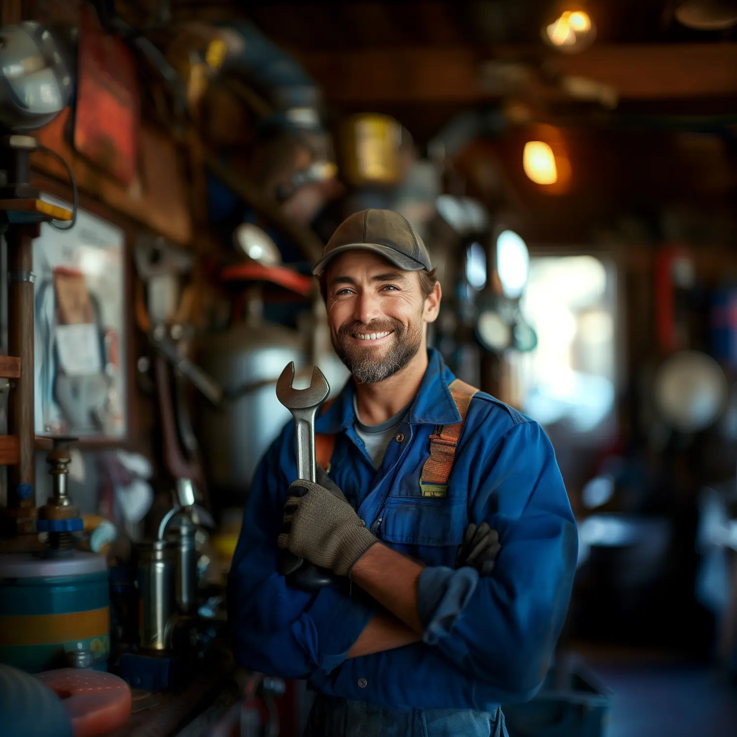 Ein Mechaniker in blauer Uniform hält einen Schraubenschlüssel in einer Werkstatt und demonstriert Professionalität bei der Reparatur