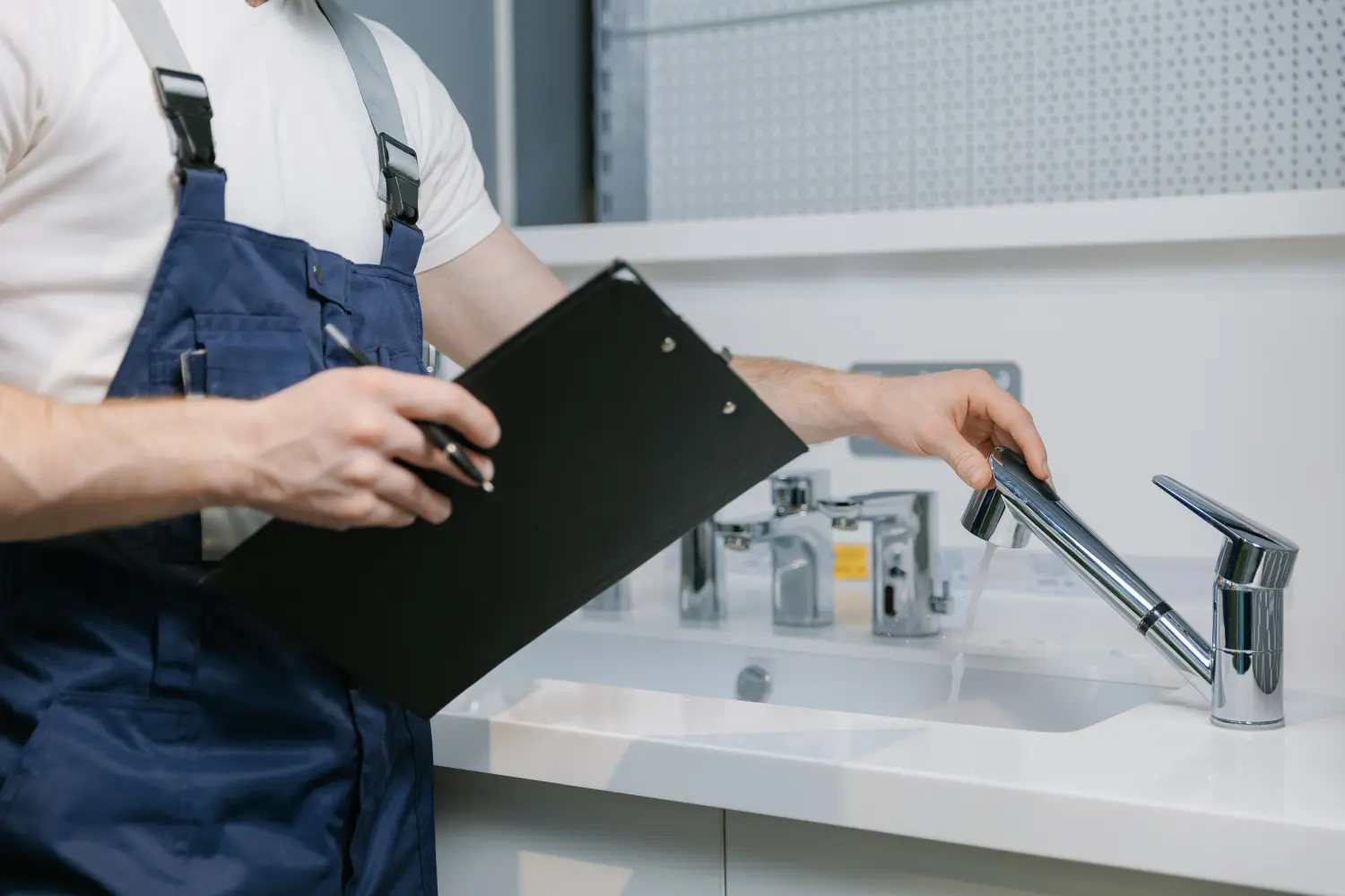 Ein Klempner prüft Wasserhähne, testet und vergleicht verschiedene Sanitärmodelle