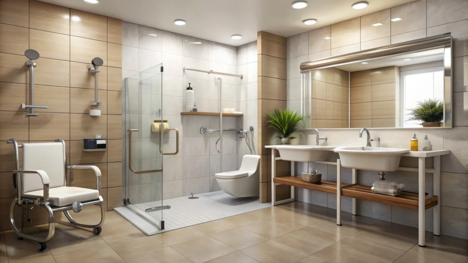 Das moderne, barrierefreie Badezimmer verfügt über Haltegriffe, eine ebenerdige Dusche und ein abgesenktes Waschbecken und gewährleistet so die Sicherheit und Unabhängigkeit von Personen mit eingeschränkter Mobilität.